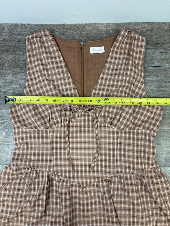 Pink Lily Brown Plaid Cotton Mini Dress Tie Front Cottagecore XL - Picture 9 of 11